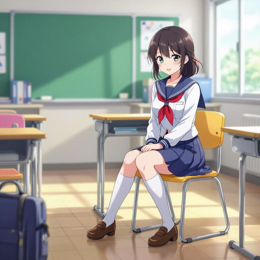 Anime Woman Sits Awkwardly on Tiny Chair in Classroom