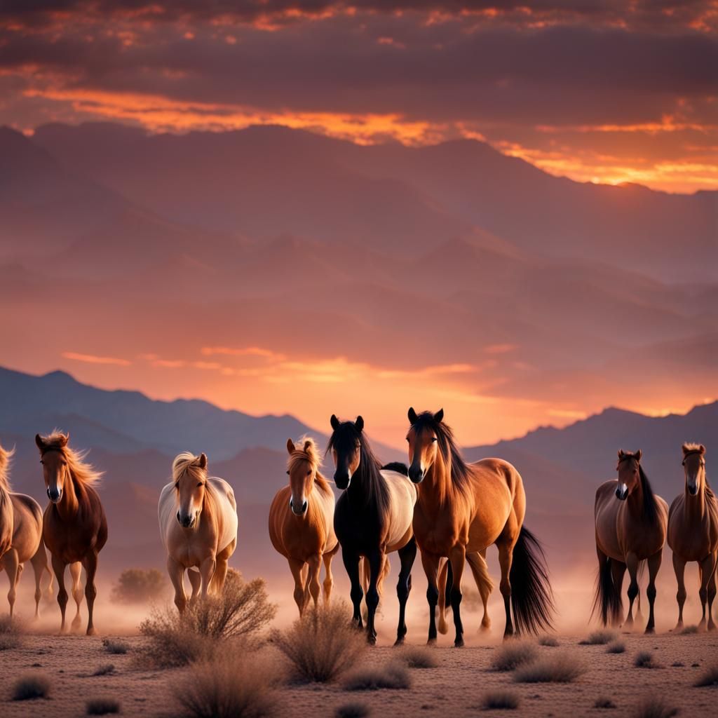 Wild Mustangs at Sunrise: Desert Cinematic Painting