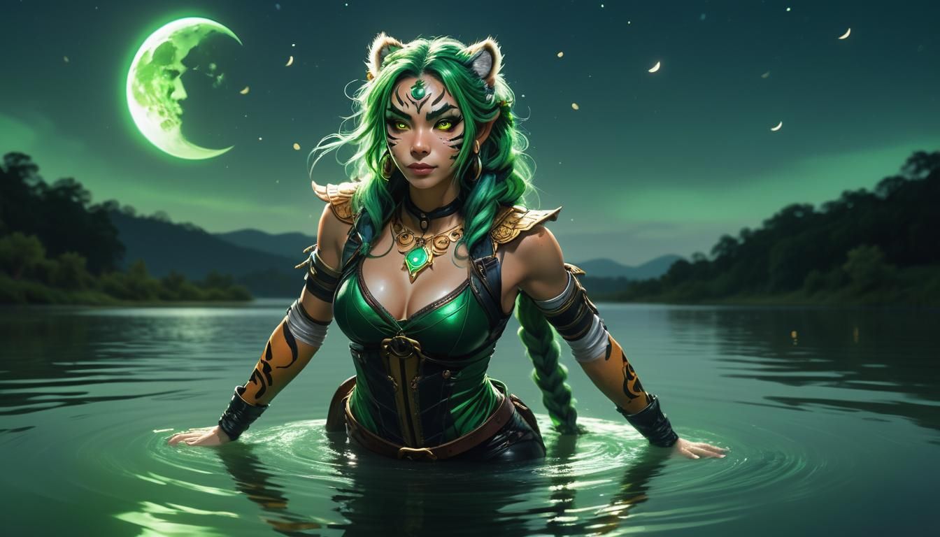 Cosplay Woman Floating Over Lake in Luminescent Style