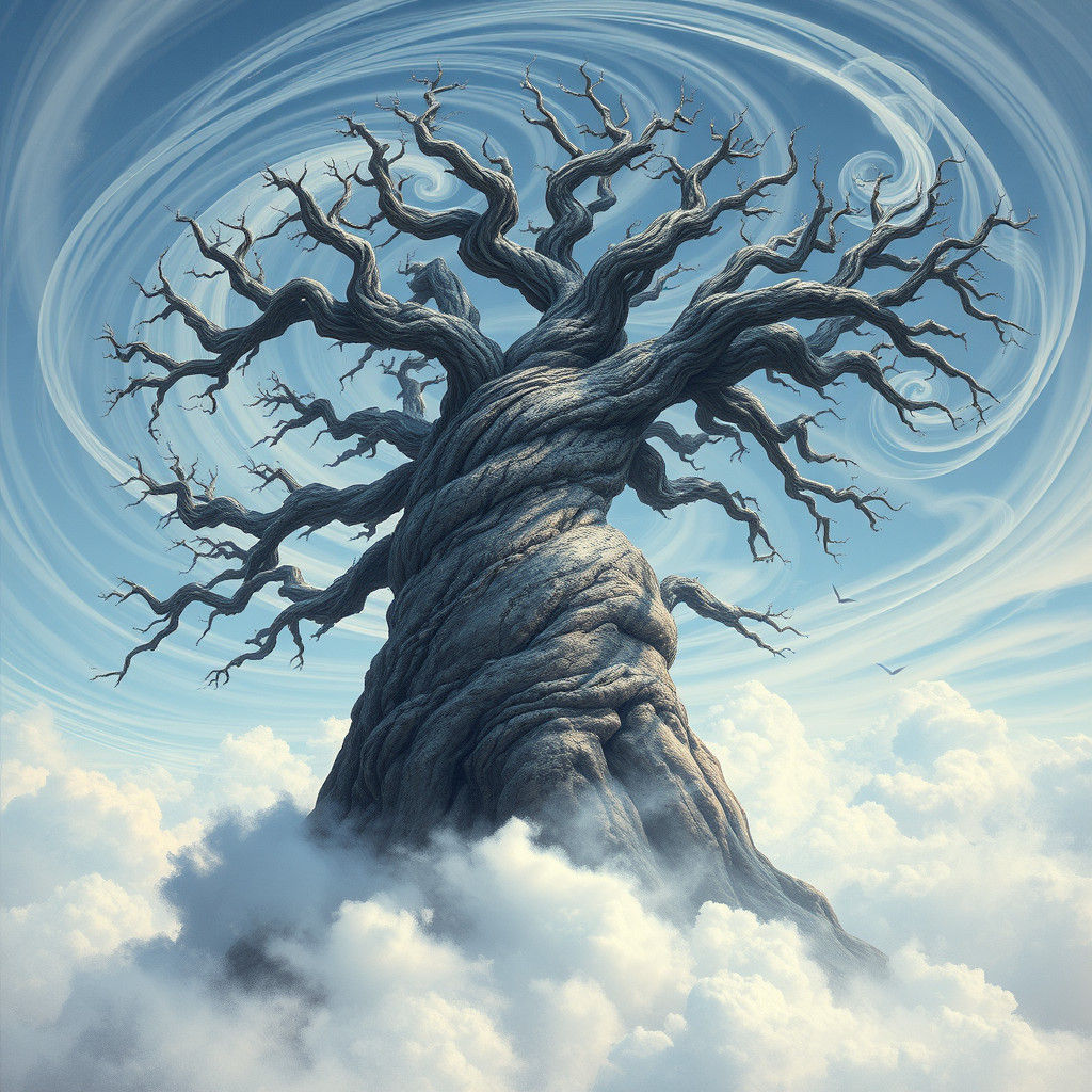 Colossal Tree Piercing Clouds: Surreal Biomechanical Art