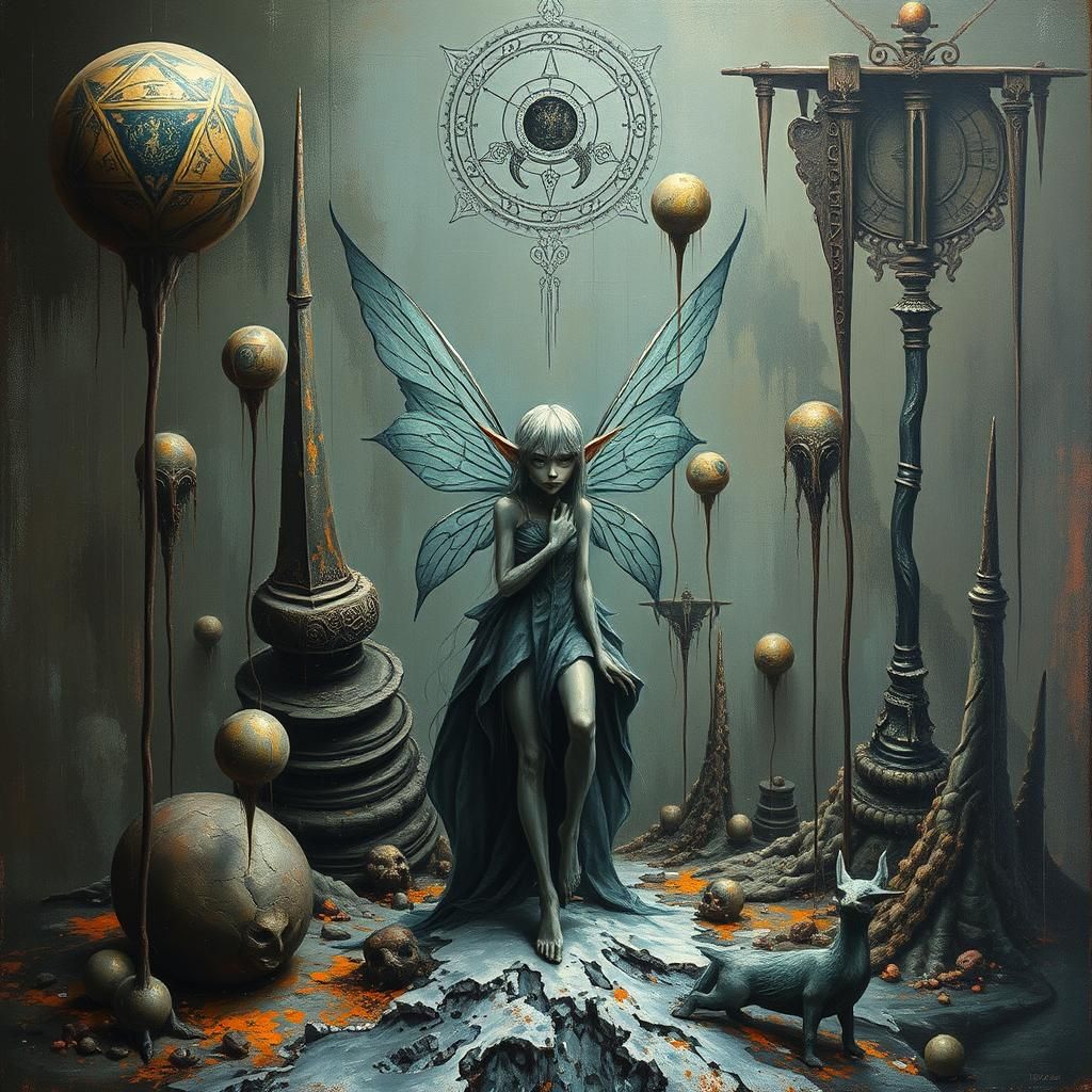Eerie Fairy Elf in Dystopian Art Deco Setting