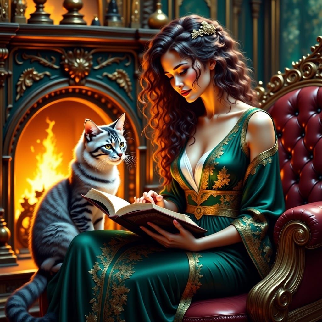 Mystical Woman Reads to Cat by Fireplace