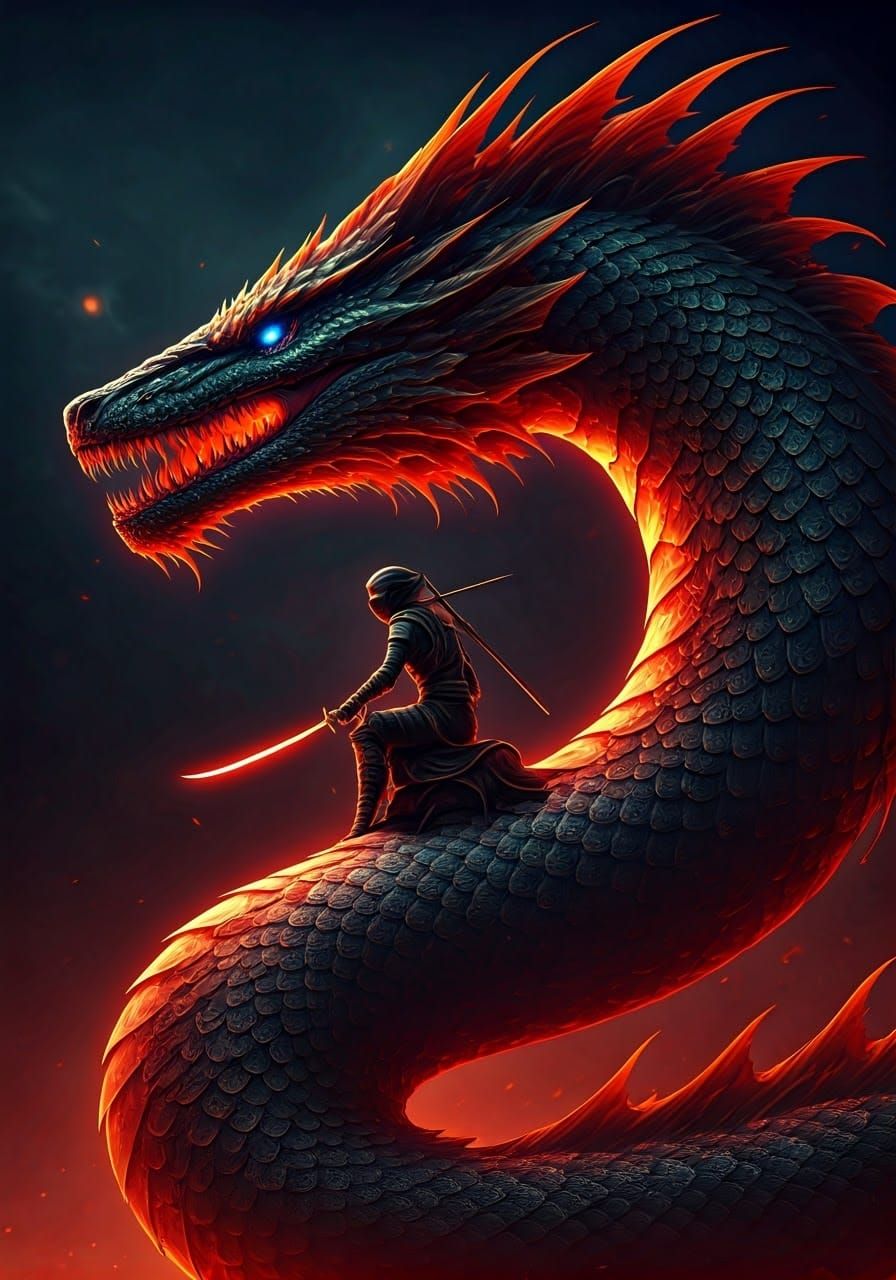 Ninja Warrior Rides a Fire-Breathing Serpent