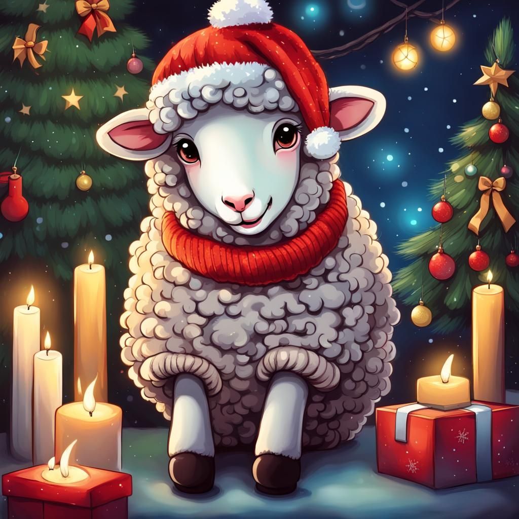 Cute Sheep Celebrates Christmas in Digital Art