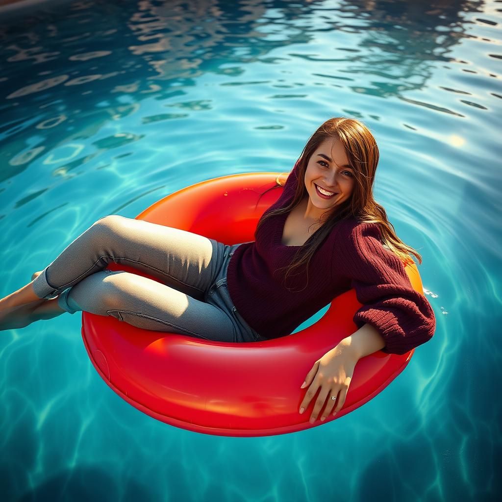 Woman on Raft in Serene Pool, Hyperrealistic Photograph