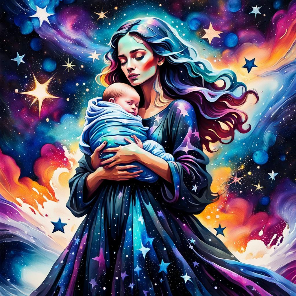 Cosmic Woman Holding Newborn in Street Art Style