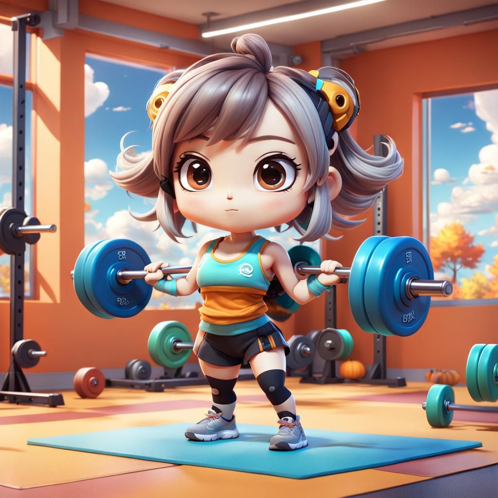 Cute Chibi Athlete Lifts Weights in Autumn Training Room
