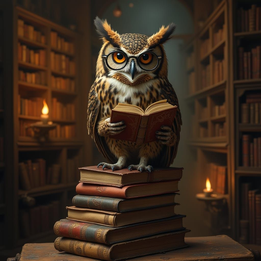 Wise Owl Reader in a Renaissance Library