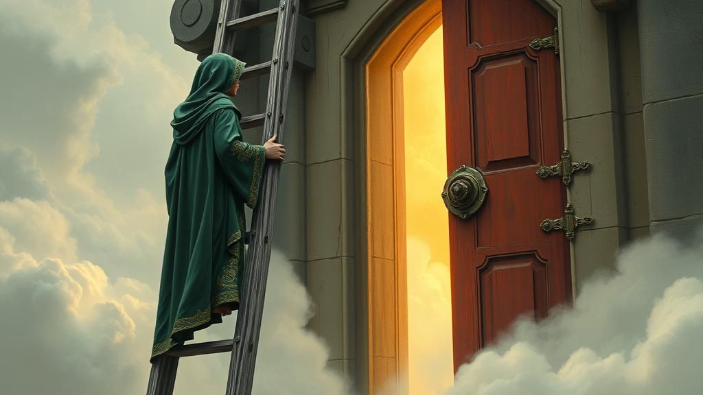 Monk Ascends to Cloud Doorway in Dreamlike Style