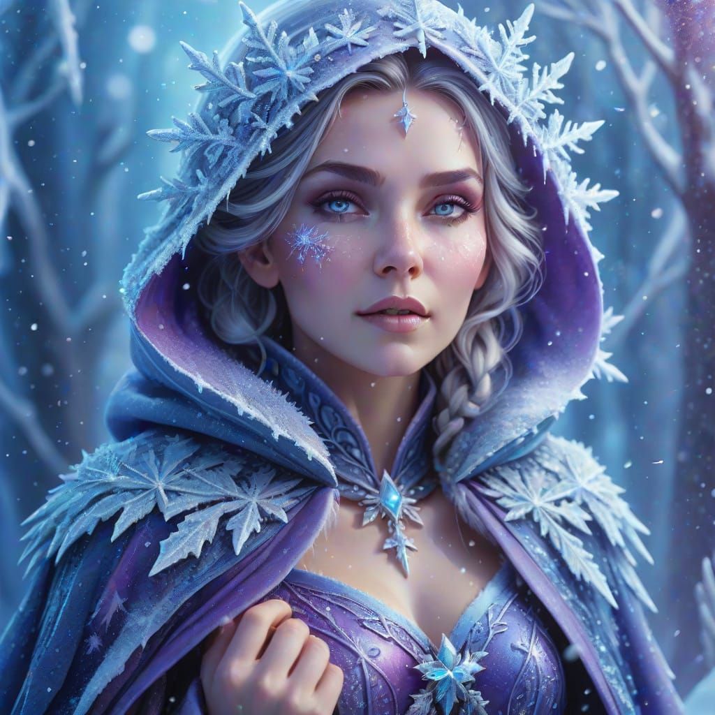 Lady Winter Sorceress Surrounded by Ice Crystals