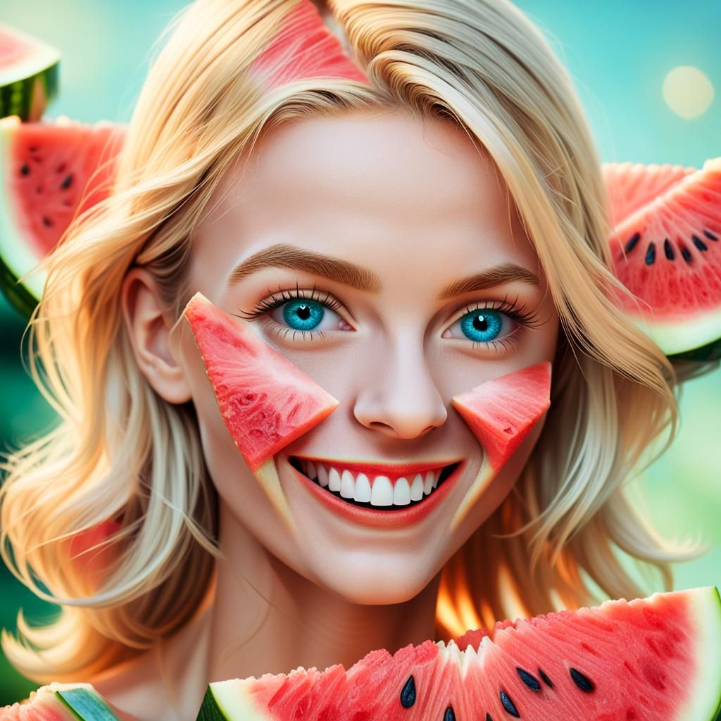 Blond Woman with Watermelon Slice in Digital Collage Art