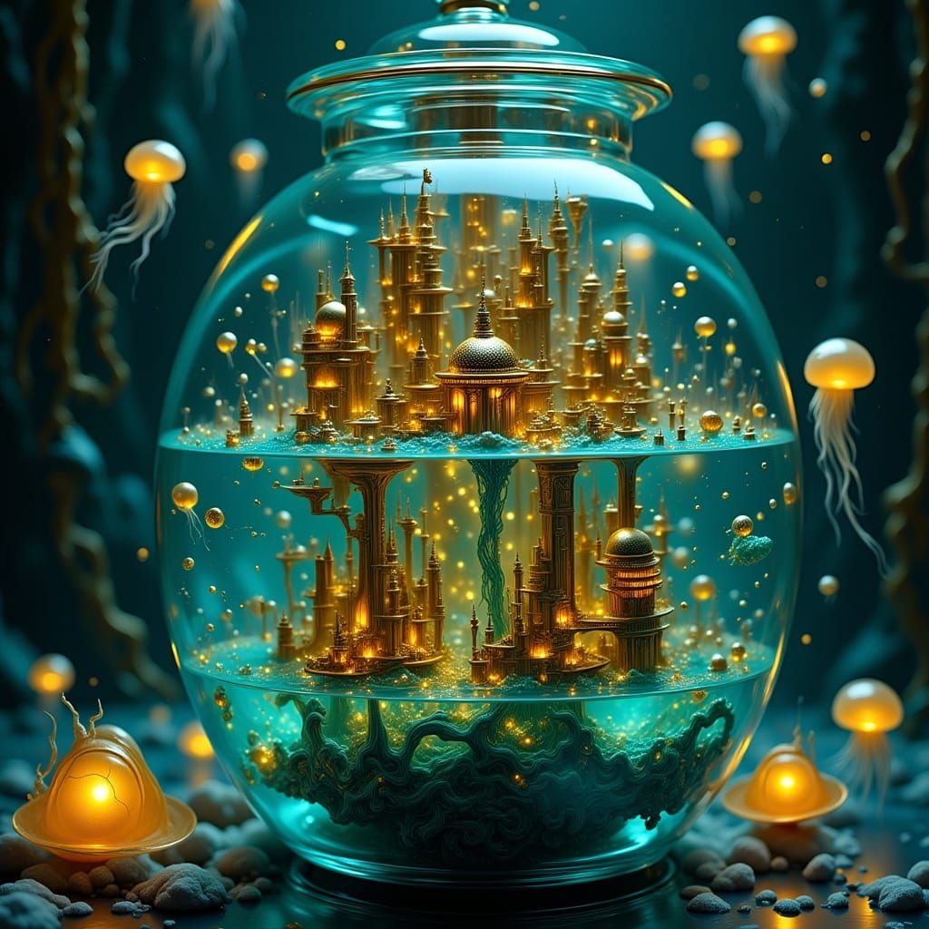 Golden City in a Bottle, Surreal Bioluminescent Ocean