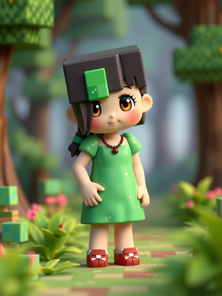 Minecraft Slime Girl in Pastel Pixelated Forest