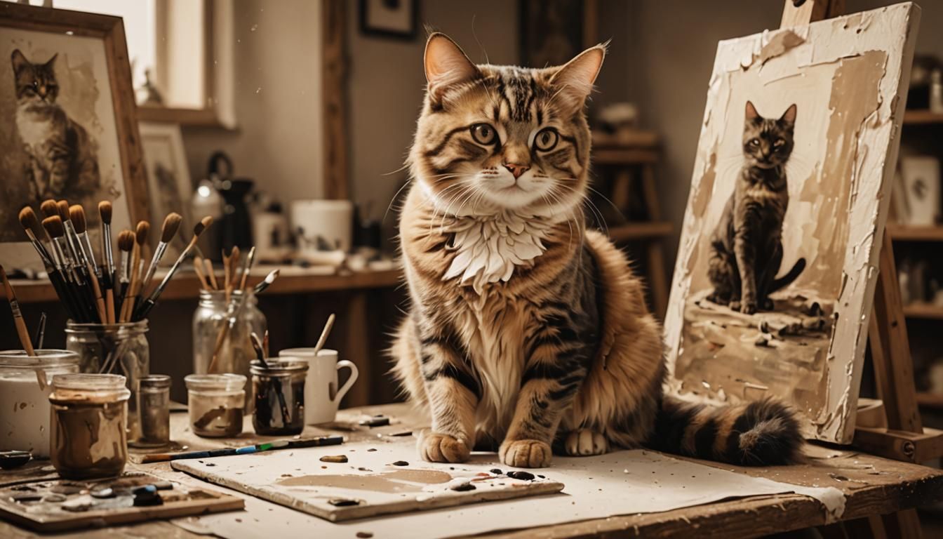 Sepia Cat Painting in Art Studio Photo