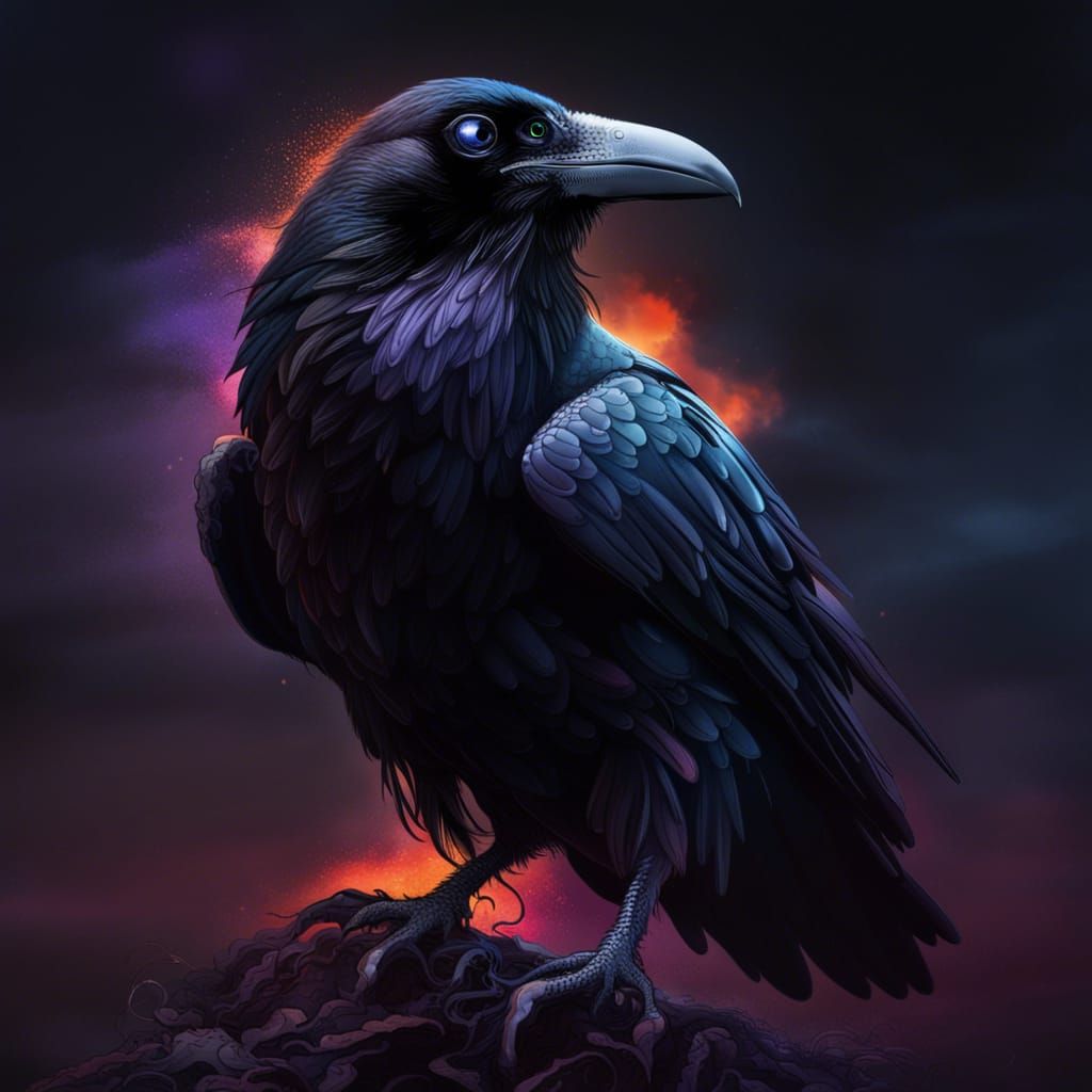 Raven with Third Eye in Apocalyptic Setting