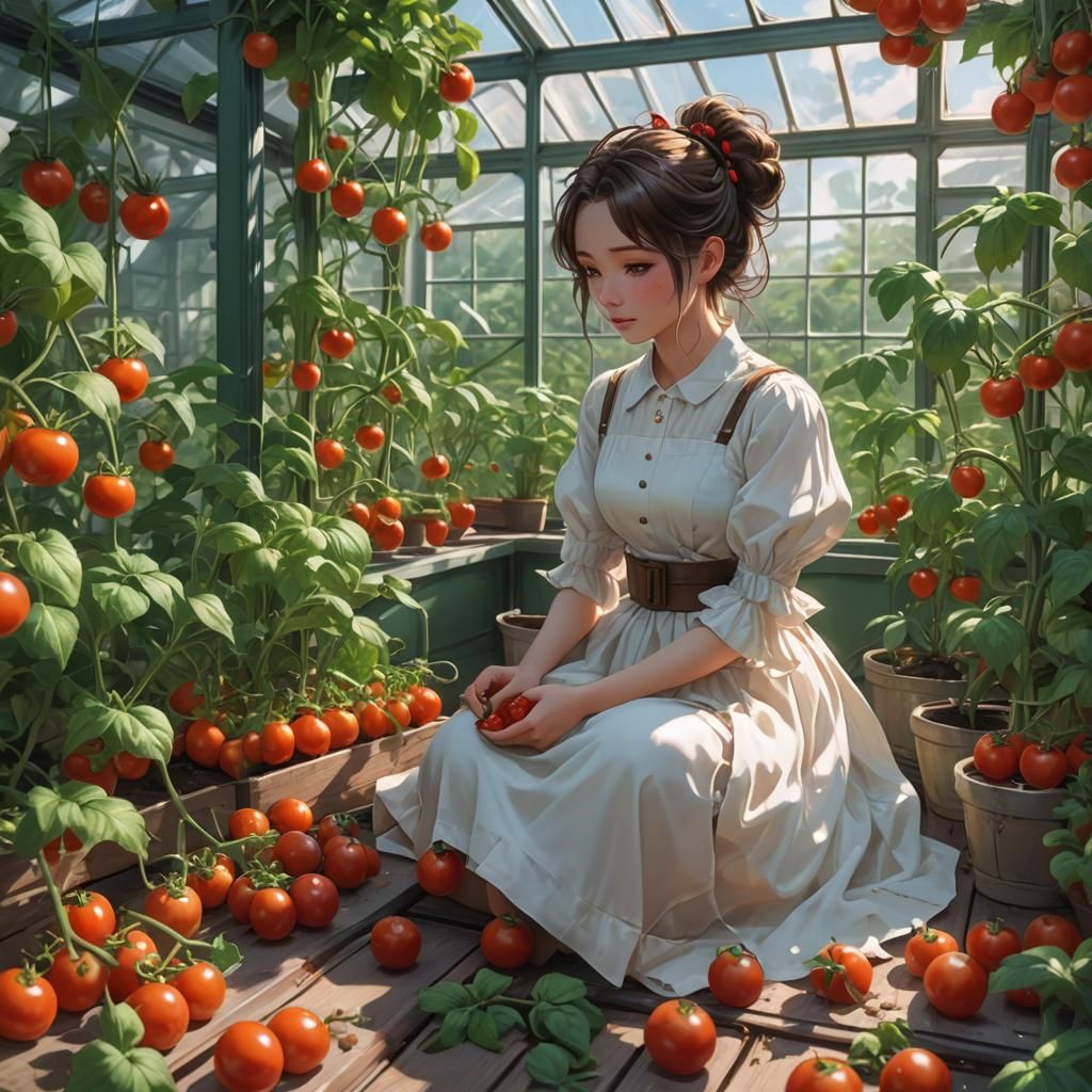 Girl Tending Tomatoes: 3D Anime Art
