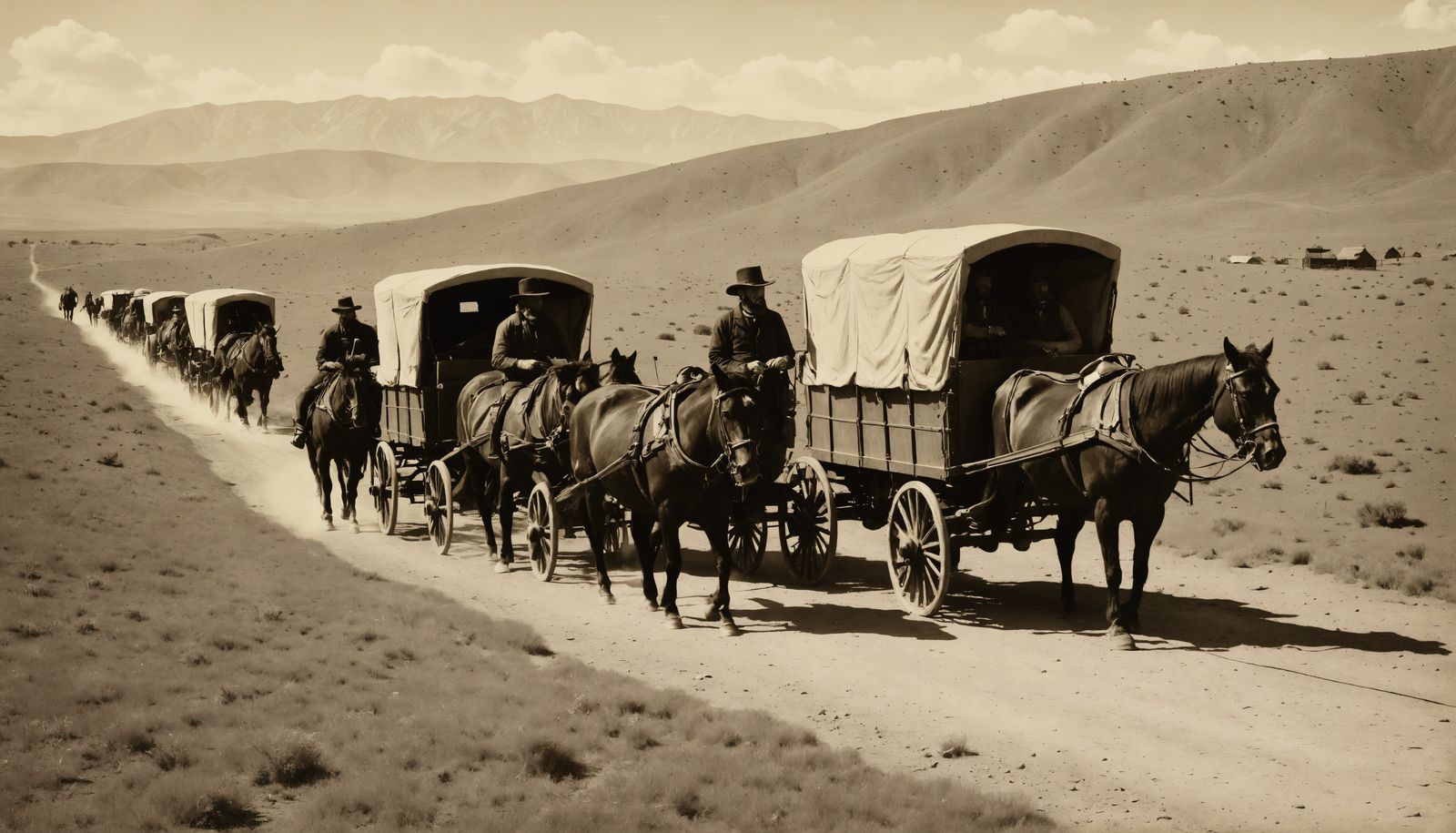 Old West Wagons in Sepia Tone Lithograph