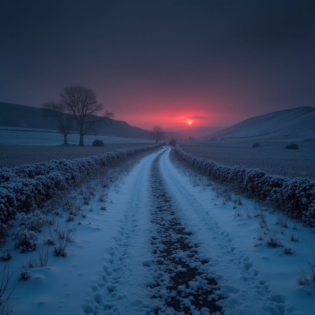 Snowy Derbyshire Countryside at Night, Realistic Landscape