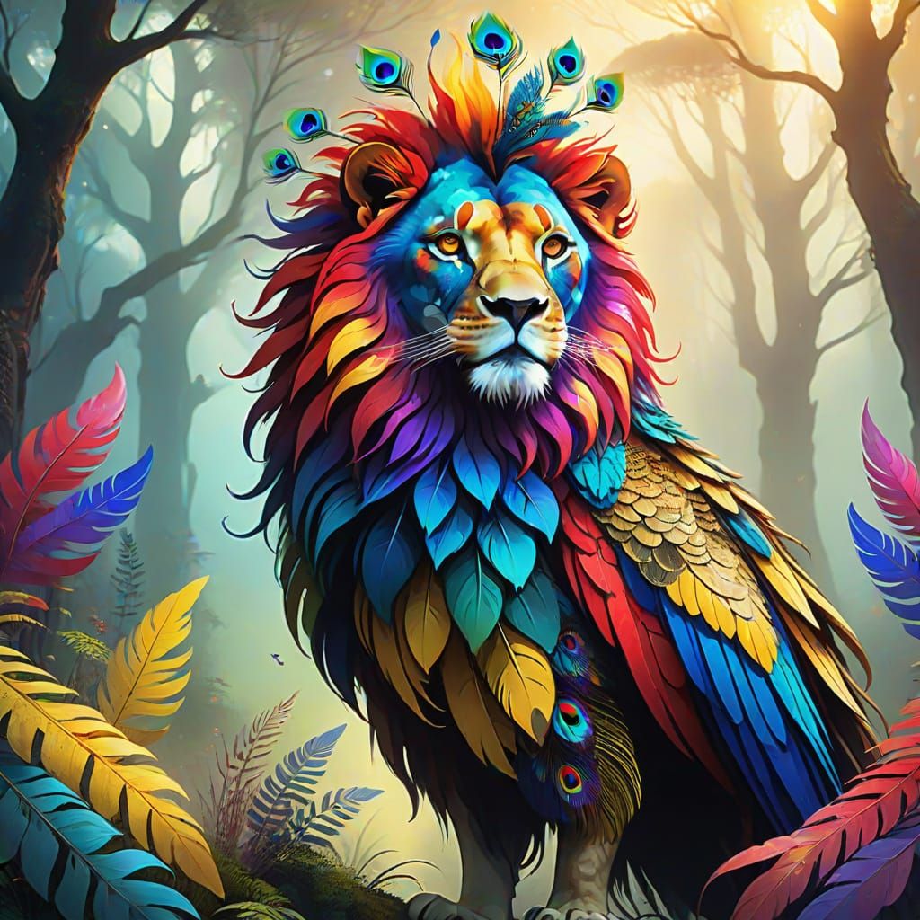 Majestic Lion-Peacock Hybrid in Vibrant Surrealistic Art
