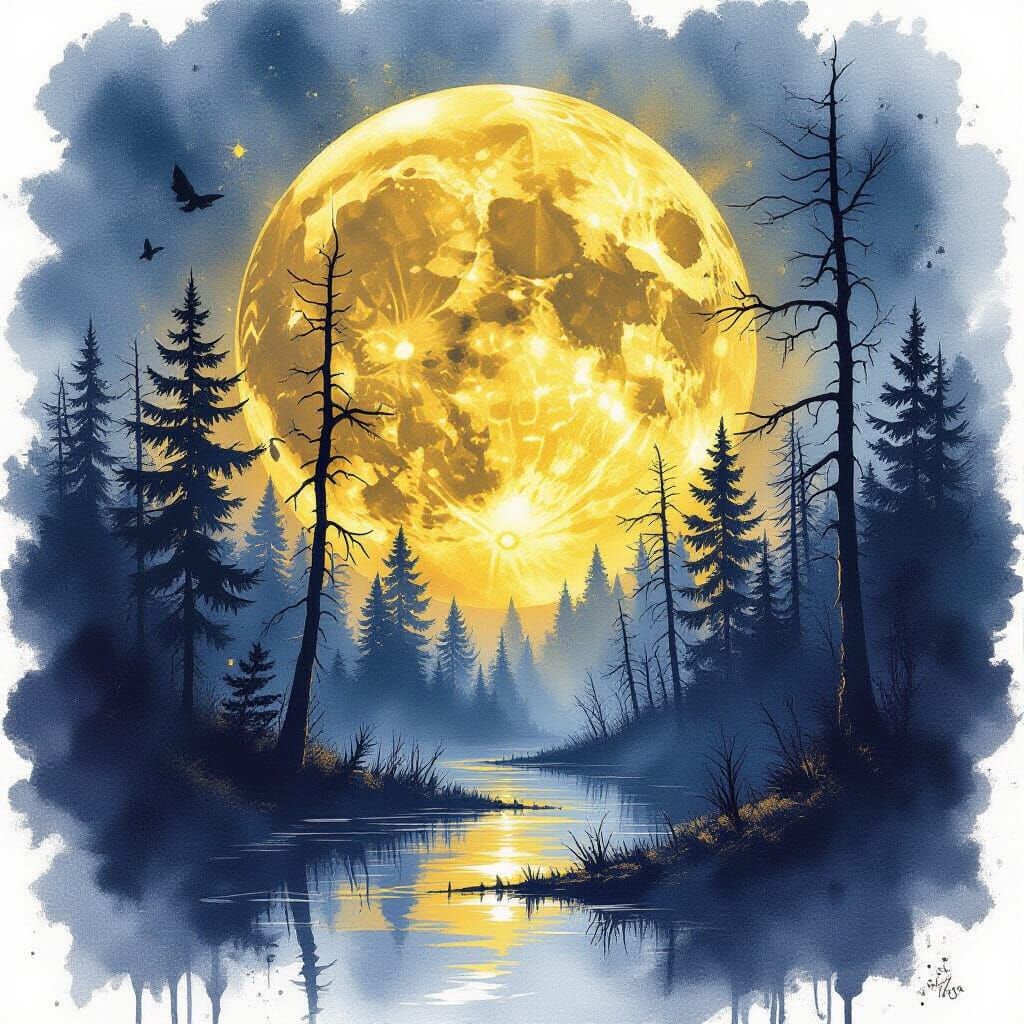 Moon Paints Spooky Forest in Watercolor Style