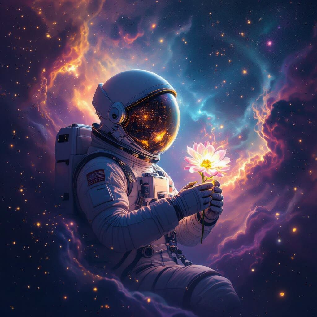 Astronaut Adrift in Nebula with Glowing Flower