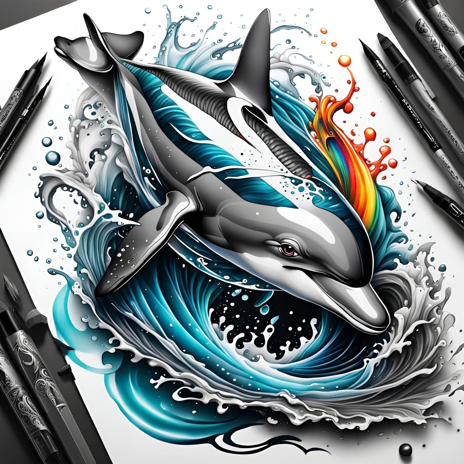 Colorful Baby Dolphins in Graphite Tattoo Art