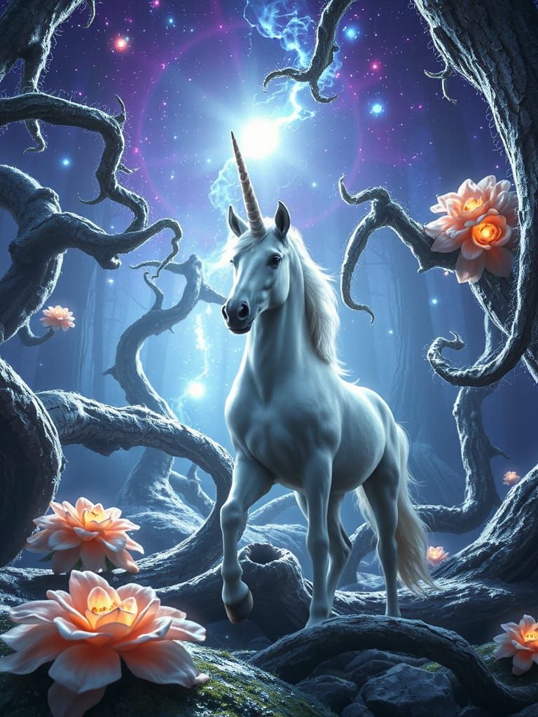 Cosmic Unicorn in Surreal Alien Forest