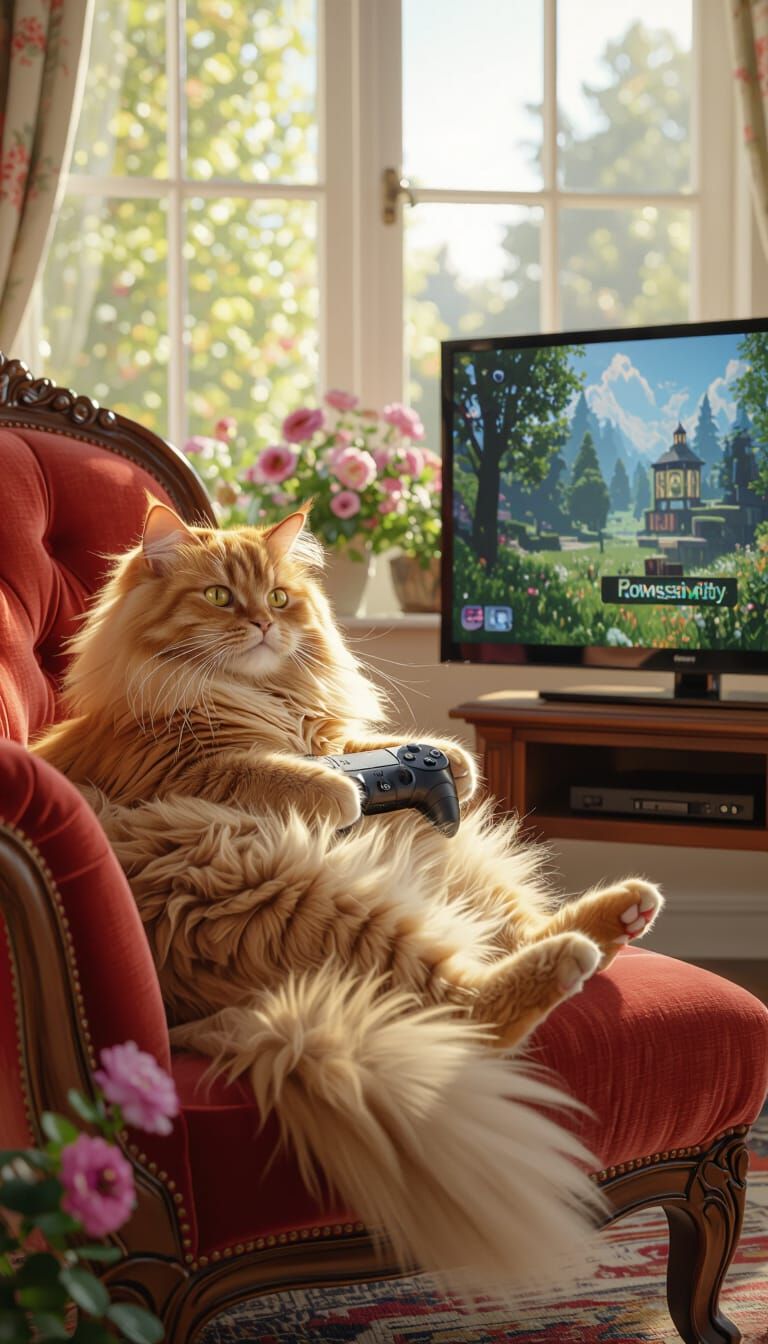 Relaxed Orange Cat Controls Video Game on Velvet Chaise