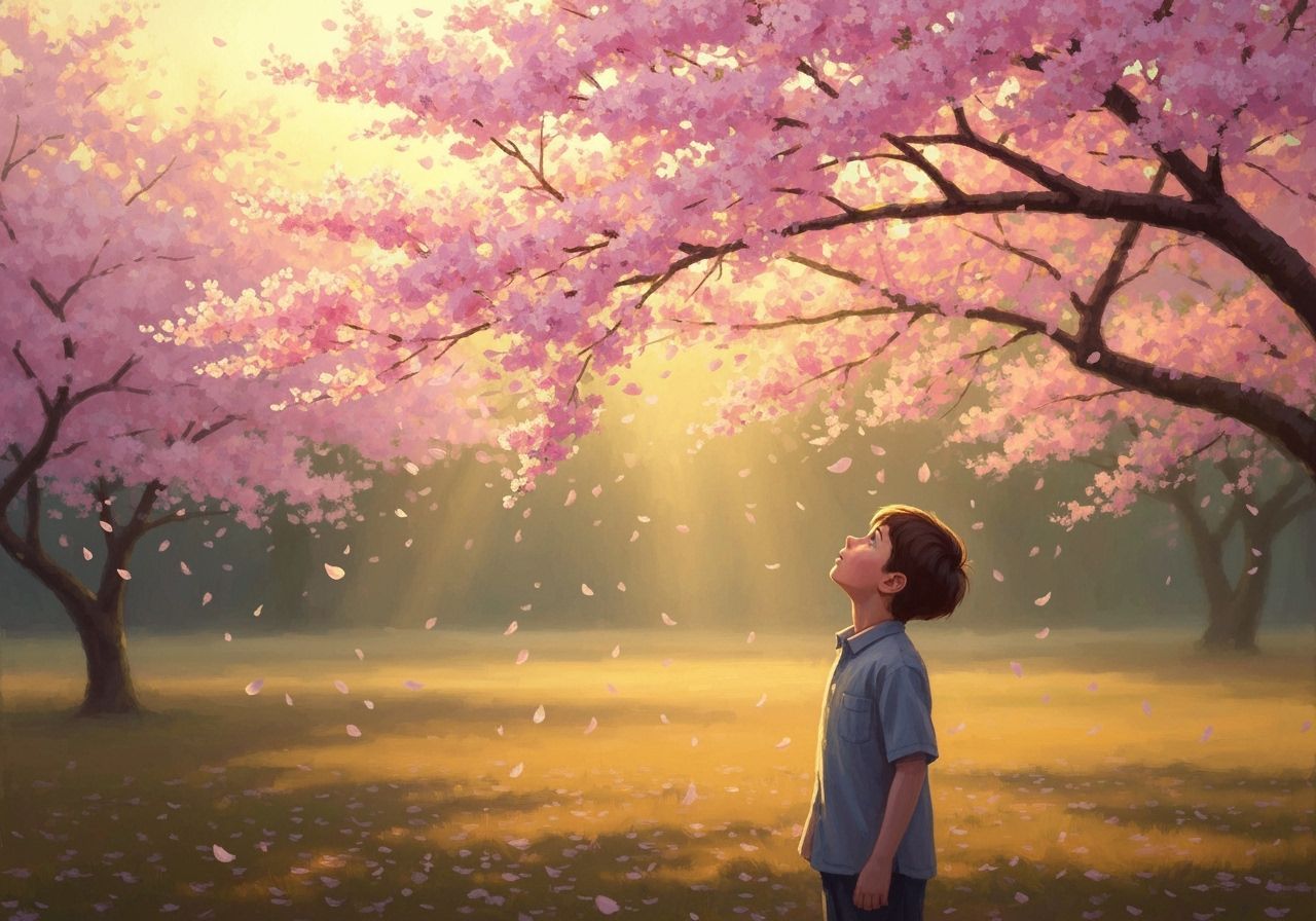 Boy Gazes at Cherry Blossoms in Golden Hour