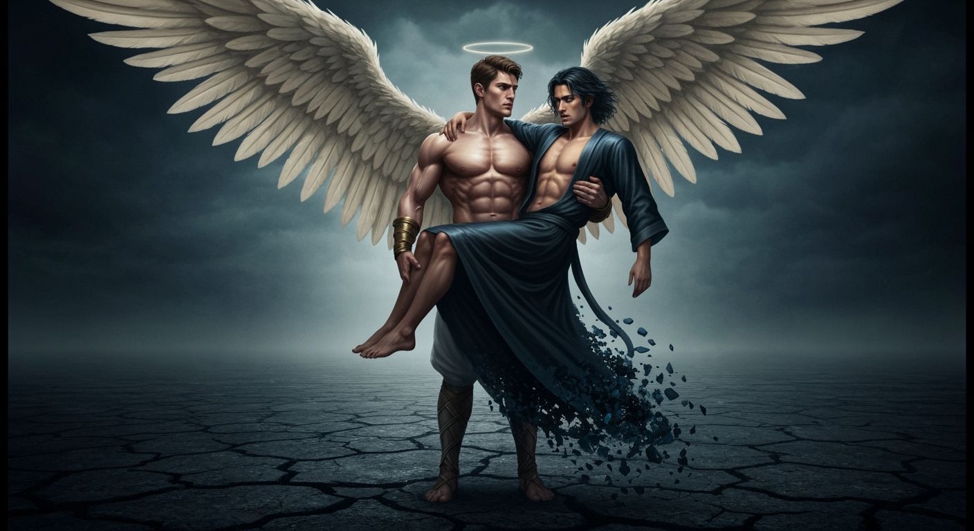 Muscular Angel Carries Husband Under Stormy Sky