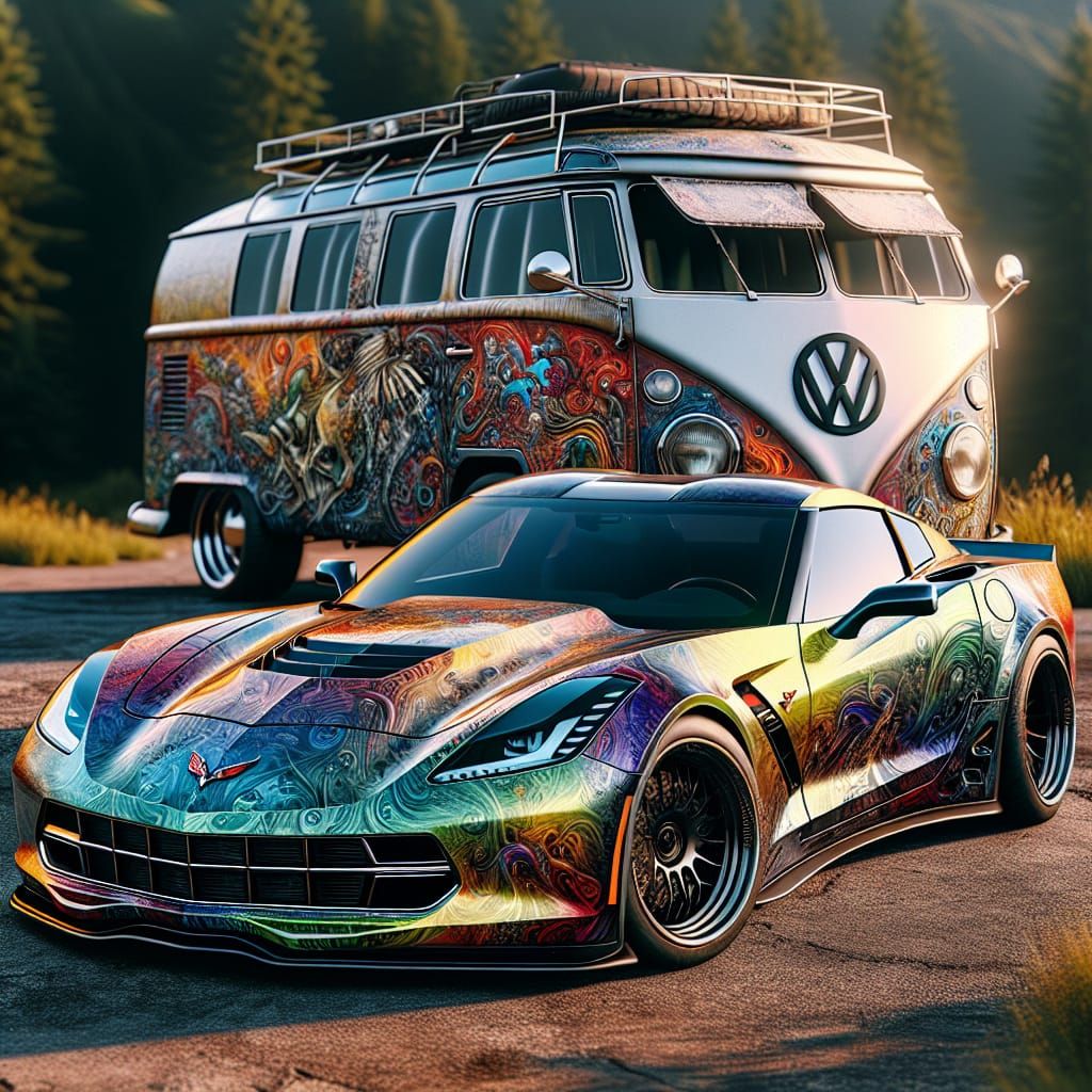 Corvette and VW Bus Hybrid in Matte Painting Style