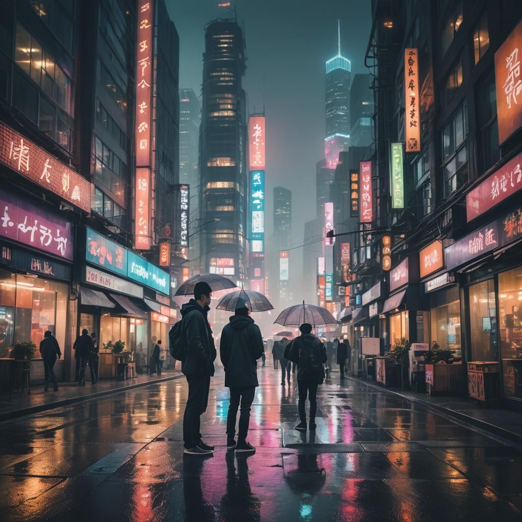 Misty City Street: Bubble Tea in Cyberpunk Style