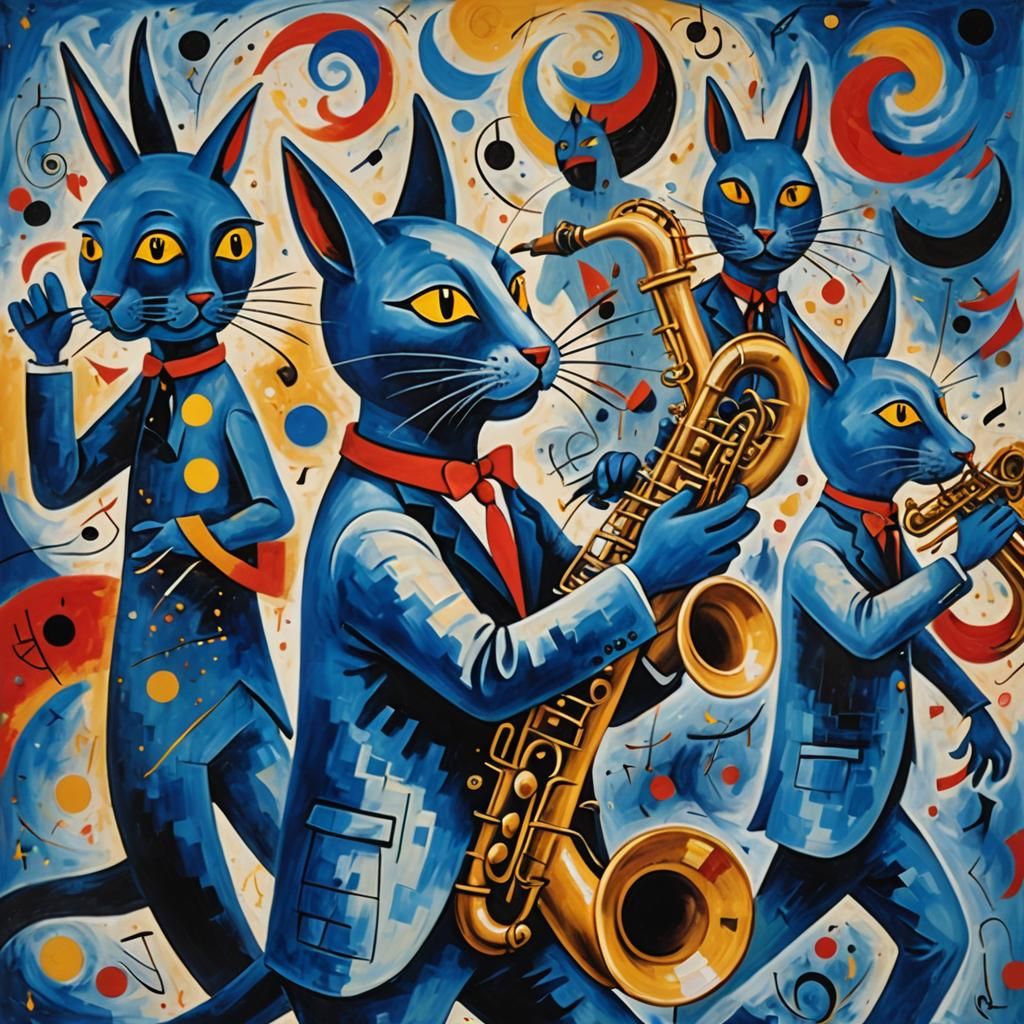 Hepcat Sax man blowing blue notes with donkey dancers Joan Miro WILLIAM BLAKE