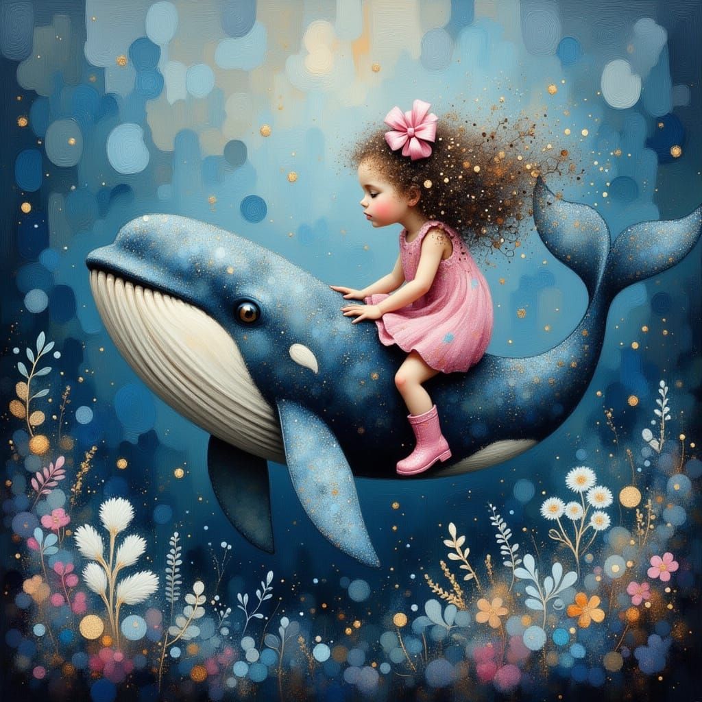 Whimsical Oil Painting of Girl Riding Whale with Gilded Fins