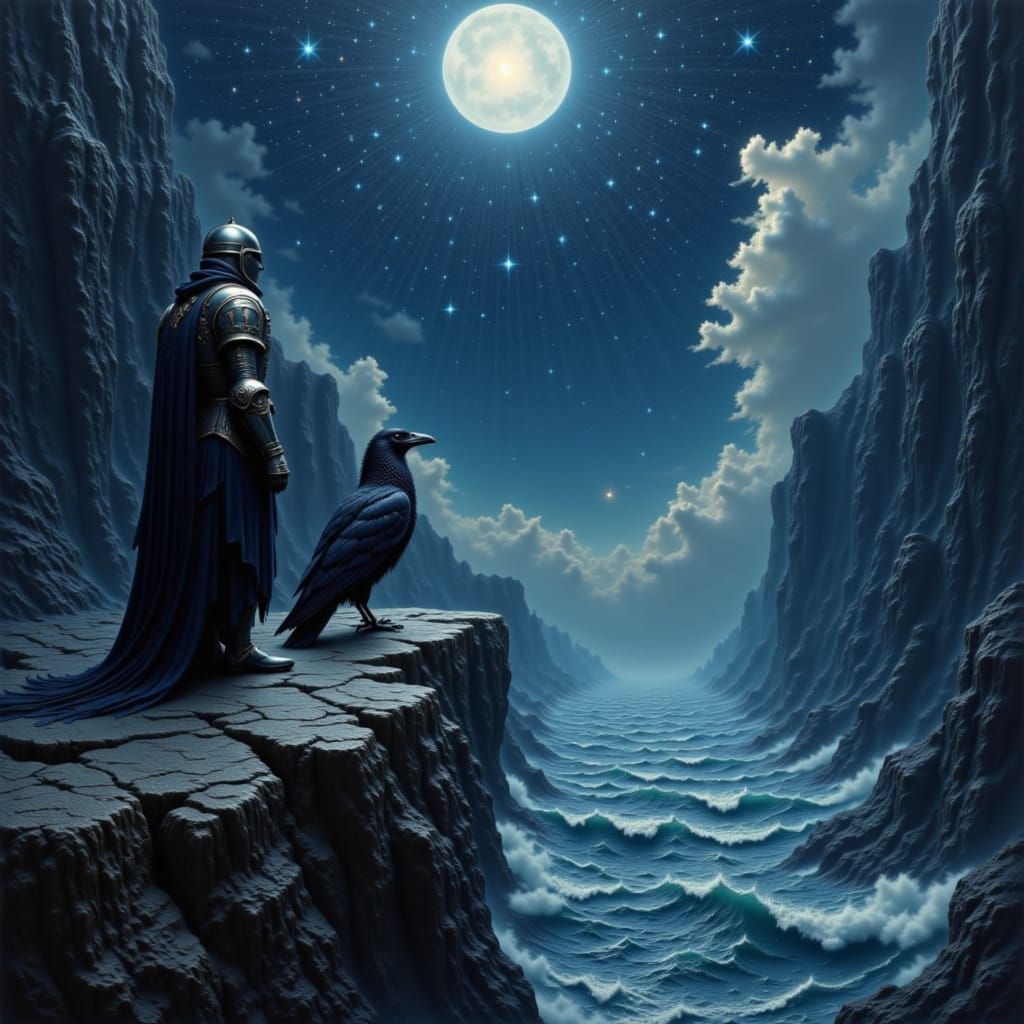 Knight and Raven on Cliff Over Sea in Moonlight