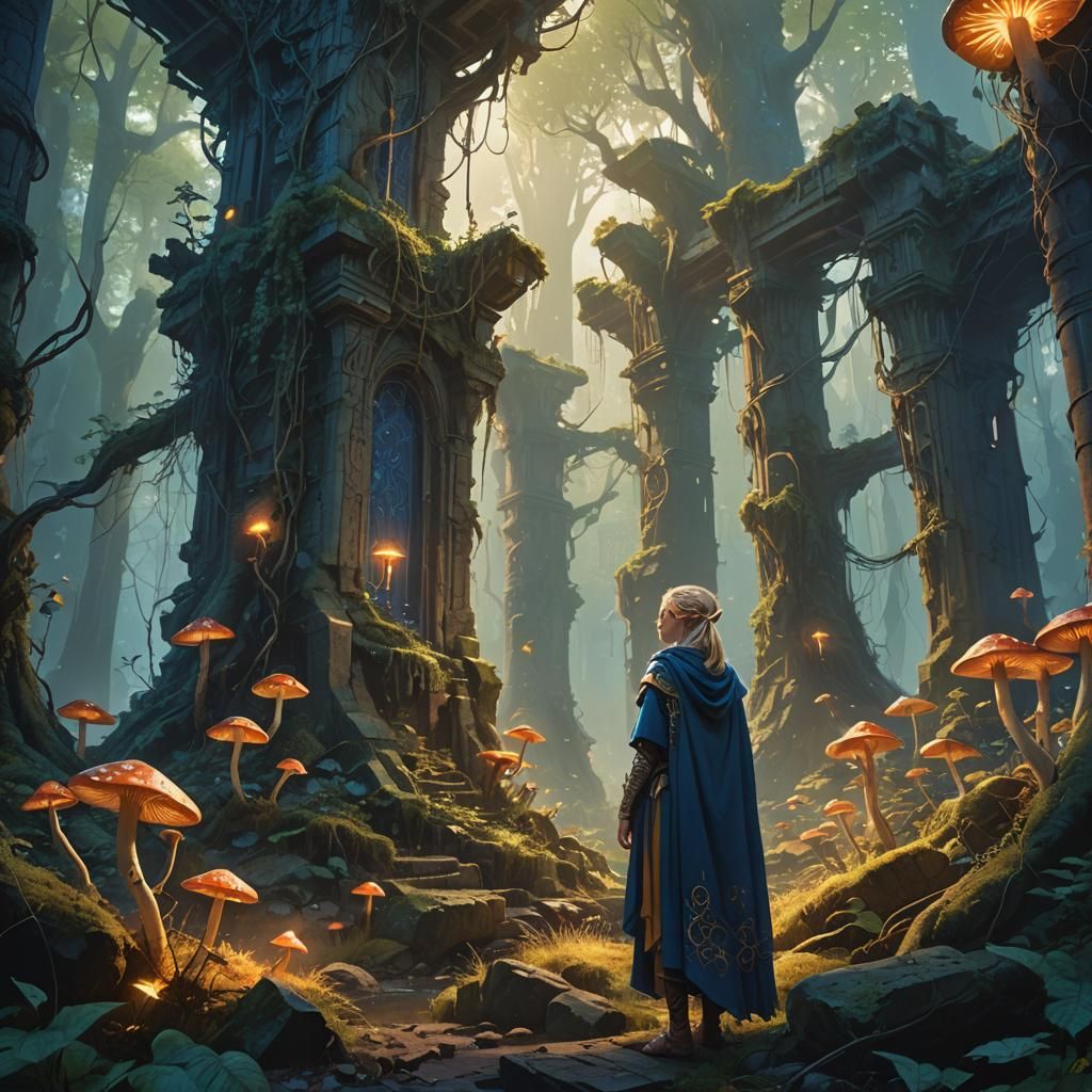 Mystical Elf Sorceress in Fantasy Forest Ruins
