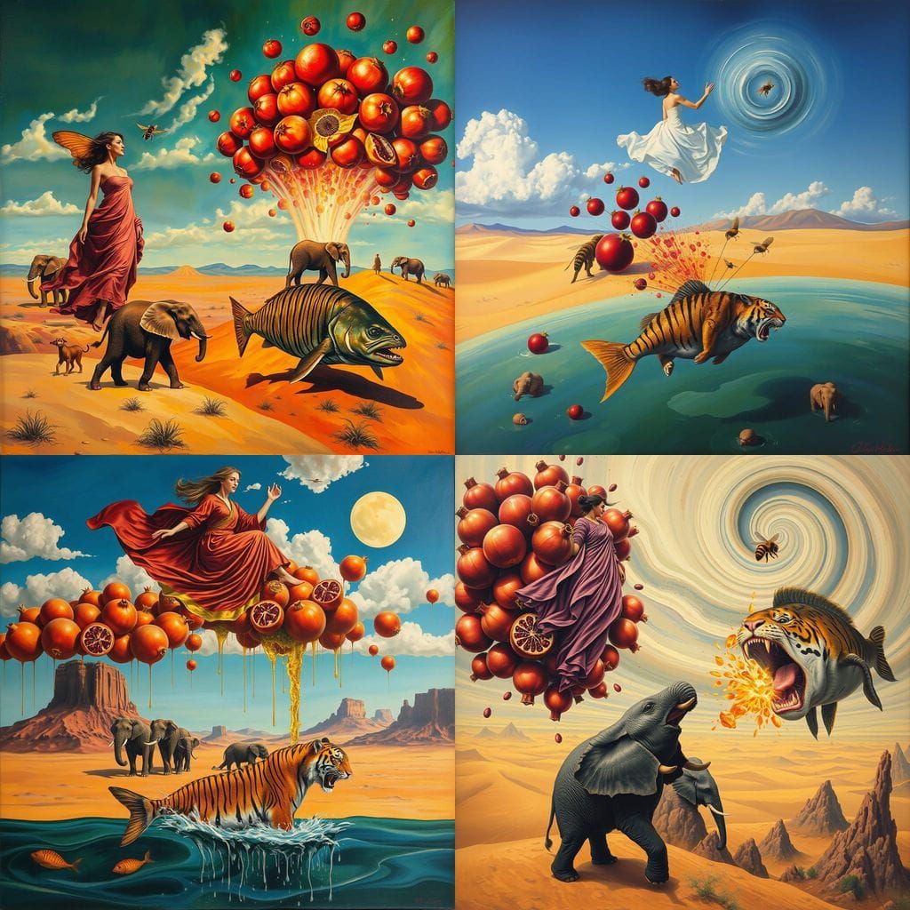 Surreal Desert Dreamscape with Bee, Elephants and Tiger