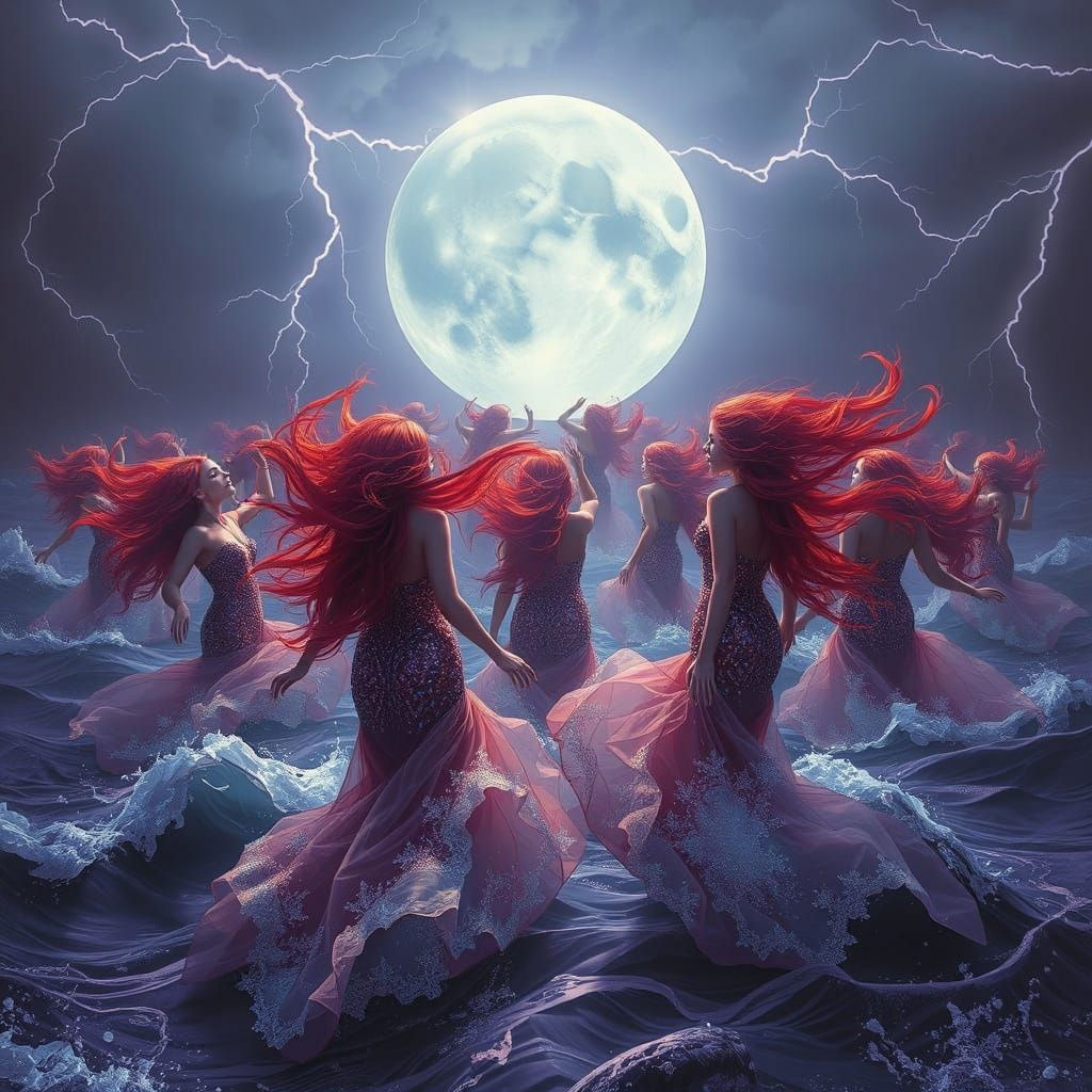 Ethereal Red-Haired Sirens Dancing Under Moonlight
