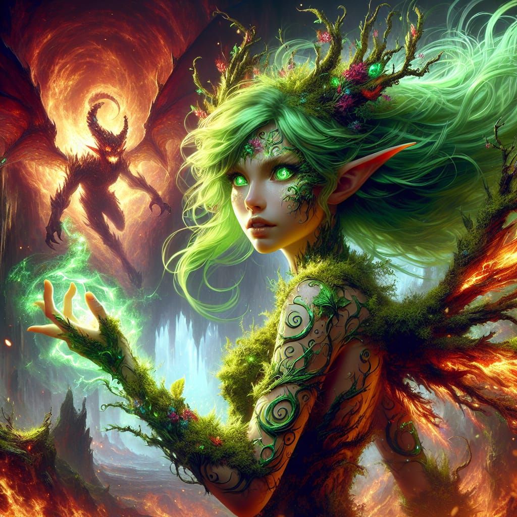 Elemental Druid Battles Demon in Fantasy Realm