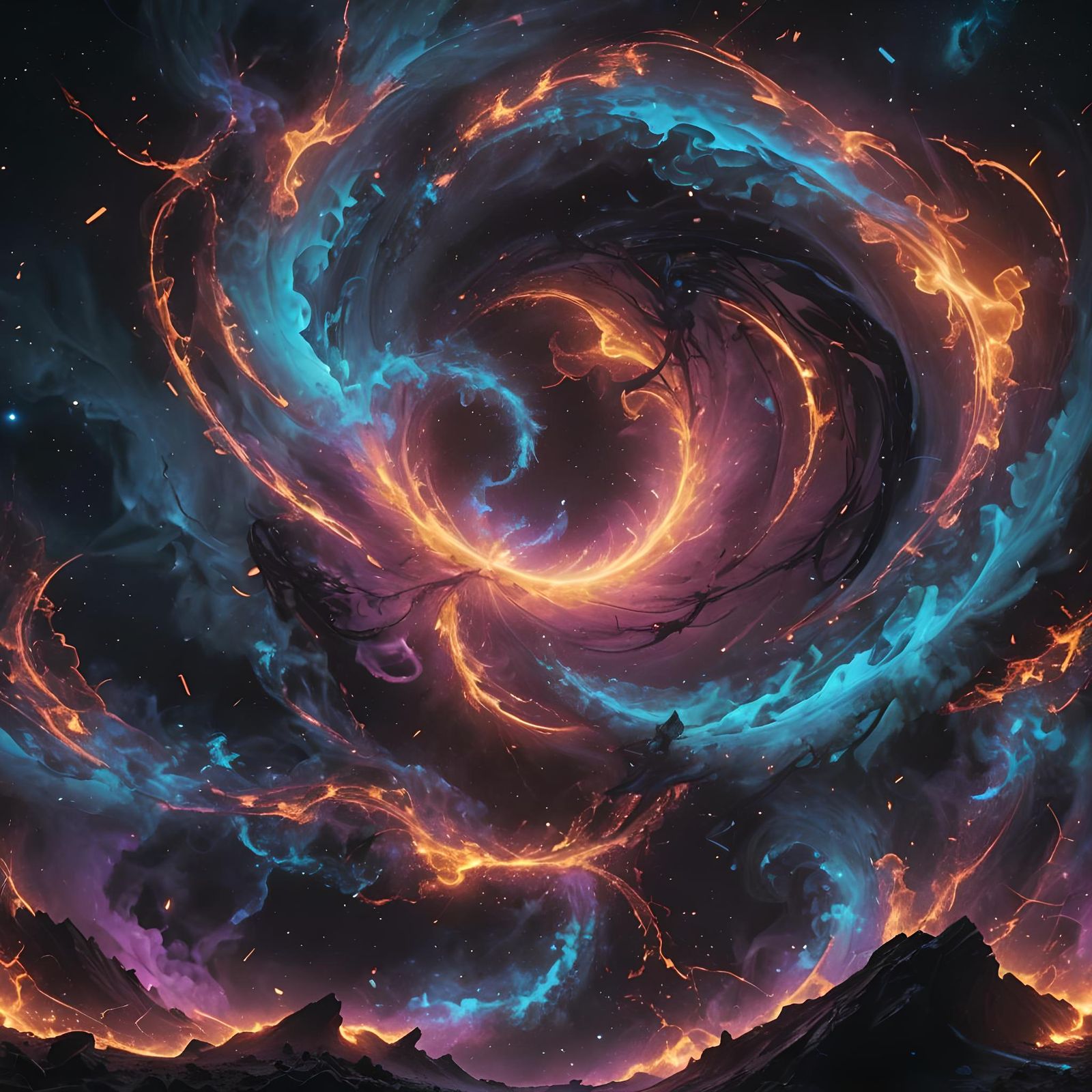 Dark Surrealist Landscape with Neon Embers