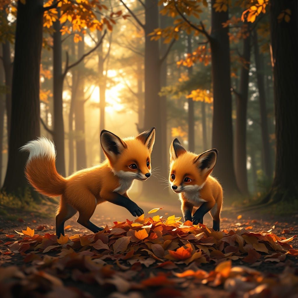Whimsical Fox Cubs Frolic in a Golden Forest Clearing