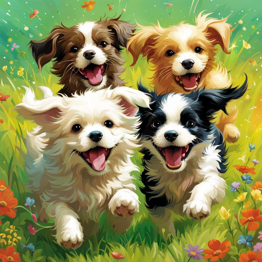 Puppies Playing in Sprinkler, Art Brut Style