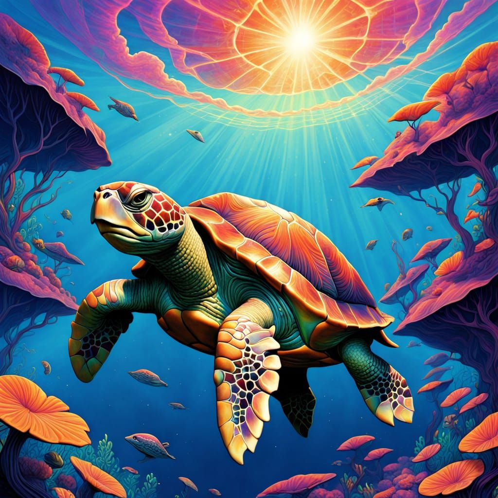 Surreal Turtle Odyssey in Psychedelic Moebius Style