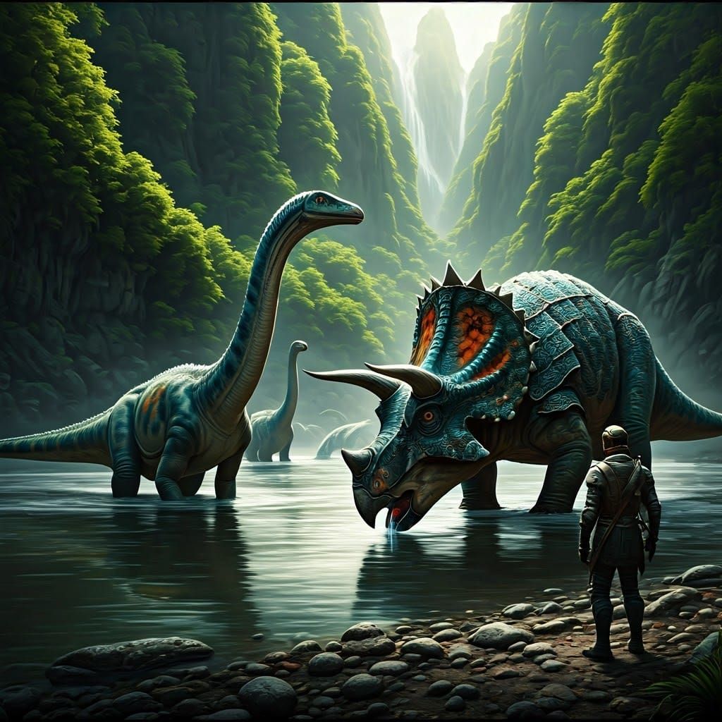 Knight and Armored Triceratops in Jurassic Landscape