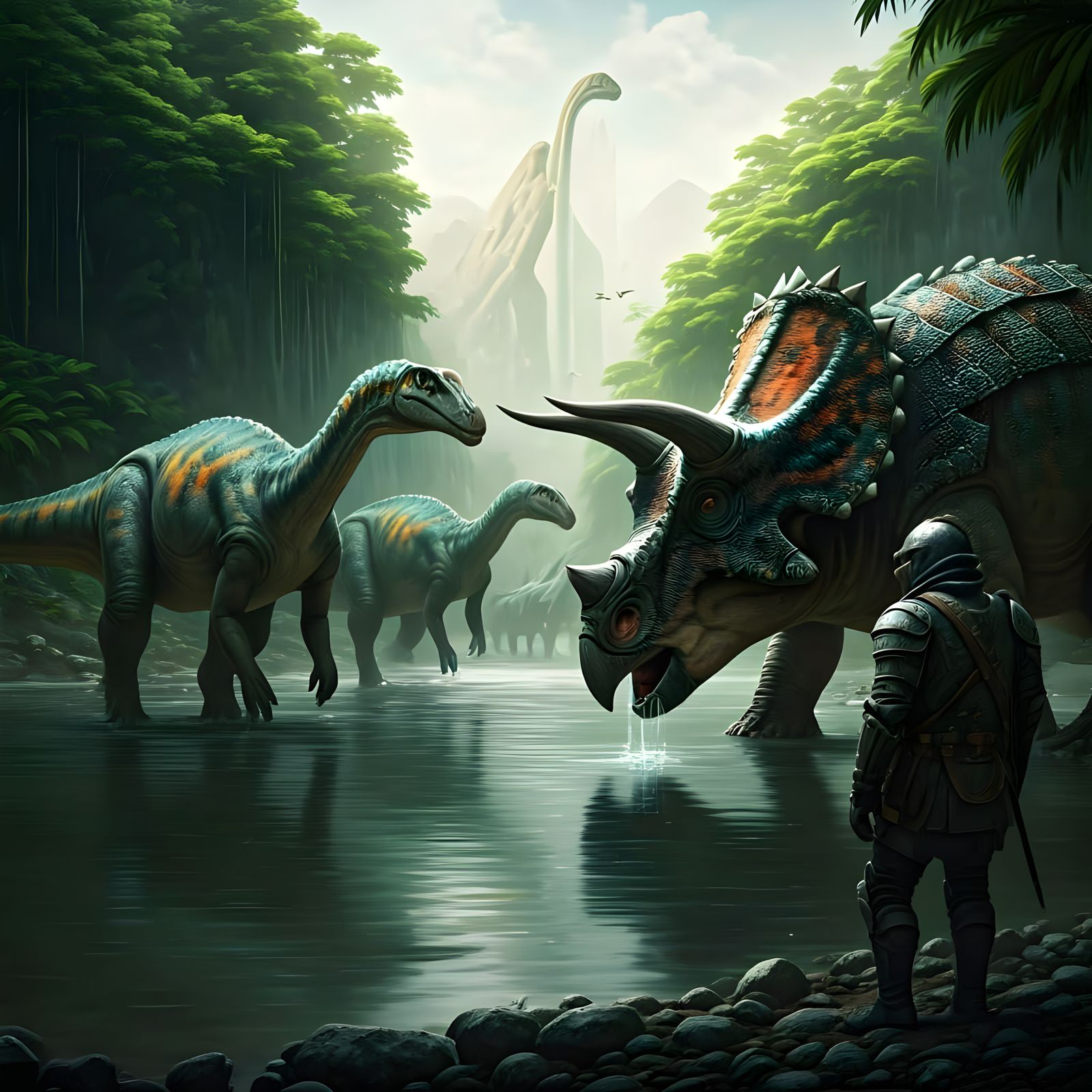 Jurassic Knight and Armored Triceratops: Detailed Matte Pain...