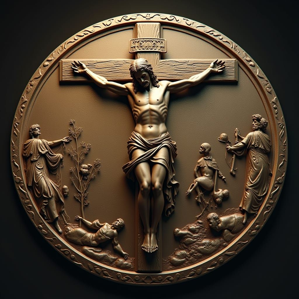 Jesus on Cross: Detailed 3D Bas Relief Coin