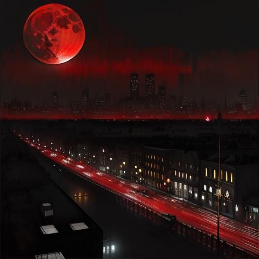 Blood Moon Over Metropolis: Digital Watercolor Art