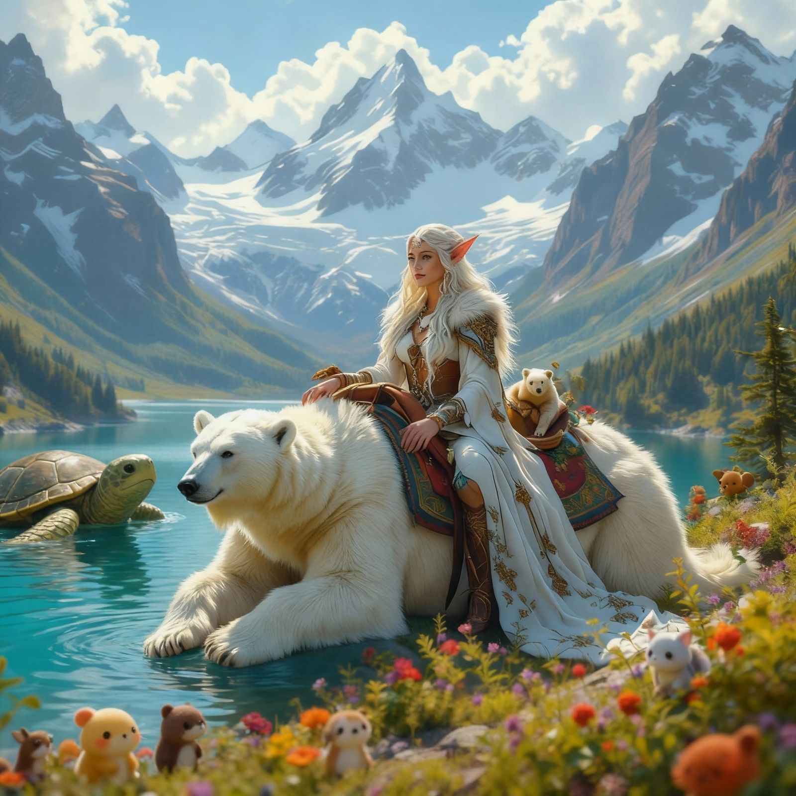 Frost Elf Druid with Polar Bear Amidst Mountain Scenery