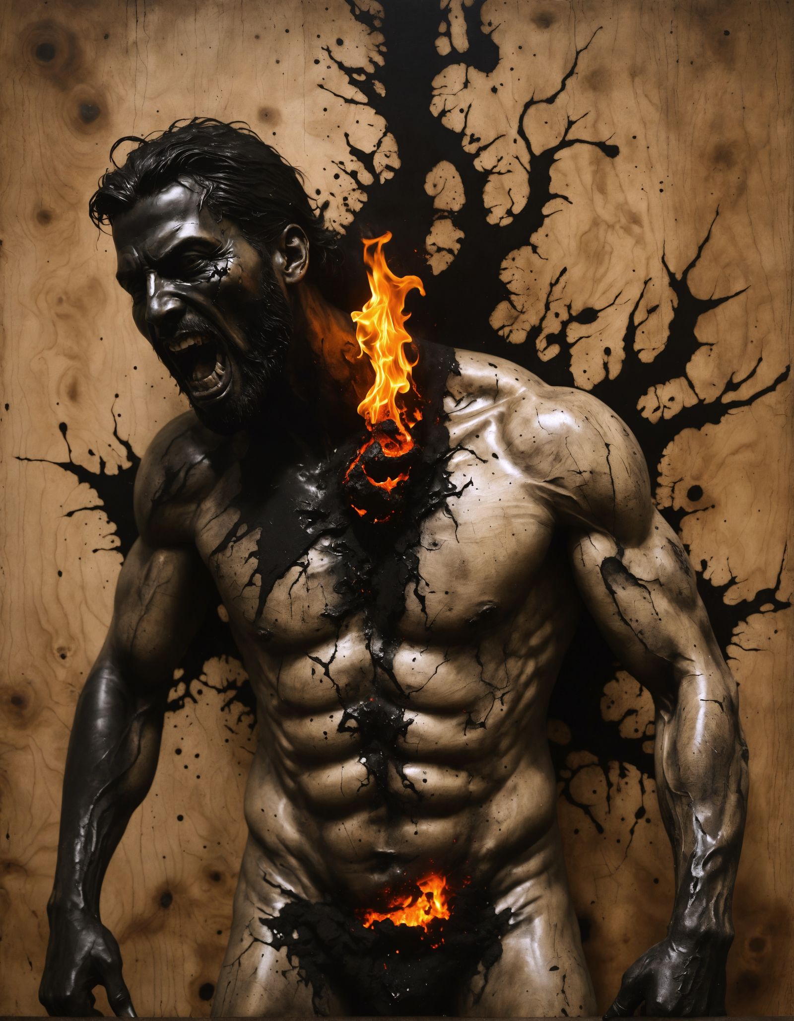 Mutilated Nordic Figure Tormented by Flames