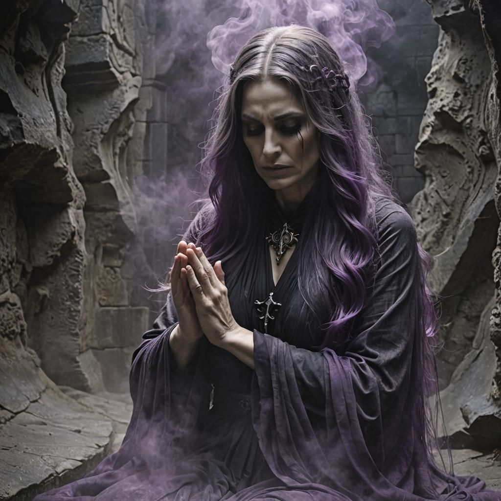 Spectral Woman in Gothic Cavern with Eerie Mist